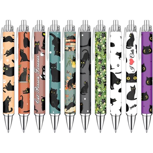 Idealmuzik Black Cat Ballpoint Pens Set – Cute Aesthetic Cat Design Pens for Office, Journaling, and Stationery Lovers – Smooth Writing Pens for Daily Use, Notes, or Gifts – Stylish & Fun, 10 Pack - style: Black Cat