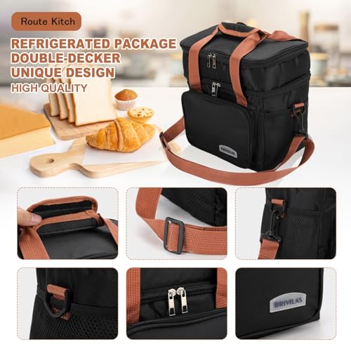 Men's and Women's Lunch Box - Double layer Insulated Lunch Bag, Insulated Inner Lining, Portable Cooler for Work, Travel, or Picnicking, Black