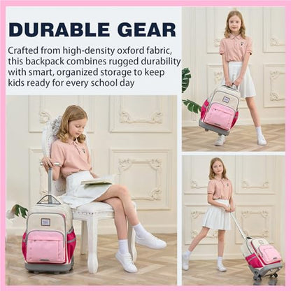 18 Inch Rolling Backpack for Girls, 3-Wheel Stair Climbing Kids Roller Backpack Set with Lunch Bag & Rain Cover, Travel Backpack for Kids, Back to School Essentials for Girls 8-12, Pink