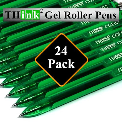 [24 Pens - Green Ink] Think2 0.7mm CGI Retractable Gel Pens. (24 Green) Medium Point Rollerball Pens with Smooth Quick Drying Ink. - color: Green