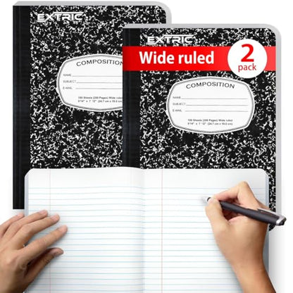EXTRIC Composition Notebook Wide Ruled 2 PK Bulk 200 Pages for School - size: 2 Pack, style: Wide Ruled