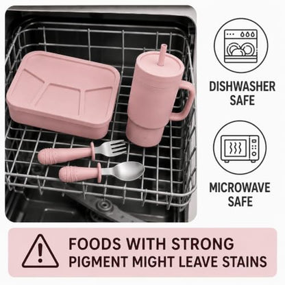 4-Piece Silicone Bento Lunch Box Set for Kids – Stainless Steel Water Cup, Spoon & Fork Included, BPA Free, Dishwasher Safe, Reusable Lunch Container - color: Dusty Pink