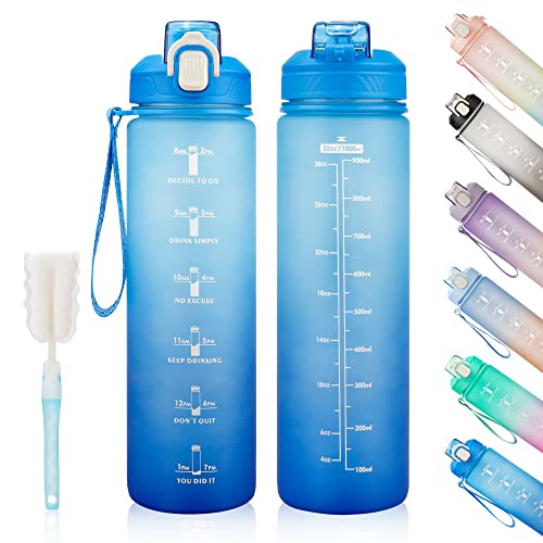 YC Kitchen 32oz Motivational Water Bottle with Straw & Carrying Strap | Leak-proof BPA Free Sports Water Bottles with Time Marker, with Times to Drink,Fitness, Gym, and Outdoor Sports - color: Blue Gradient, size: 32 Ounces