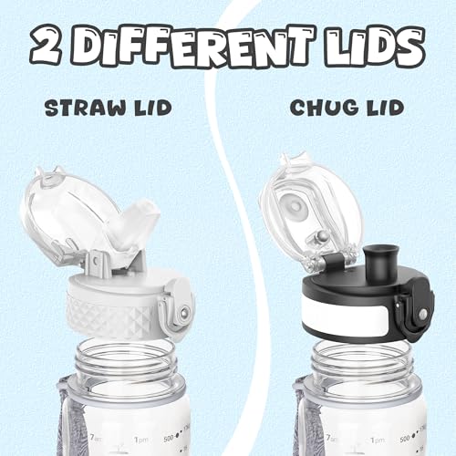 OLDLEY Kids Water Bottle for School, 17 oz (2 lids) BPA-Free Reusable Leak-proof Durable Tritan Plastic Water Bottles with Straw & Chug Lids, Anti-dust Spout Cover (Clear) - color: A-Clear, size: 16.9 Ounces
