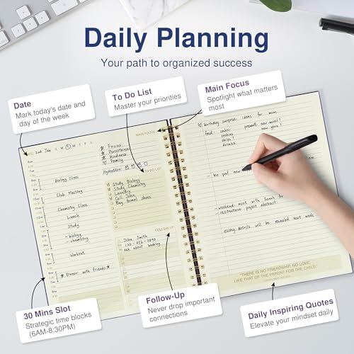 AuroPlanner Undated Daily Planner Notebook 8.5x11 Hourly Schedule Purple | office & student planning, 180 pages 100 GSM cream white paper hardcover spiral bound notebook, 2026-2028 reference calendar - color: Indigo