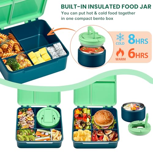 Bento Lunch Box for Kids with 8oz Soup Thermo,Kids Leakproof Lunch Food Containers with 4 Compartment,Kid Insulated Thermo Hot Food Jar for School,Trvael-Green - color: Green