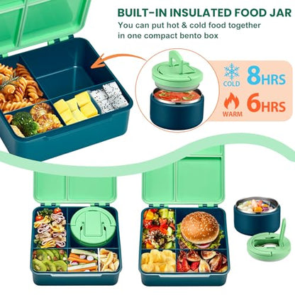 Bento Lunch Box for Kids with 8oz Soup Thermo,Kids Leakproof Lunch Food Containers with 4 Compartment,Kid Insulated Thermo Hot Food Jar for School,Trvael-Green - color: Green