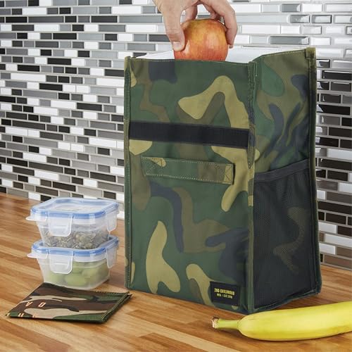 2nd Childhood Insulated Lunch Bag for Men, Durable & Reusable, Camo | Slim lunch bag with carry handle, two mesh side pockets and a back slip pocket; insulated liner keeps food cool - color: Camo