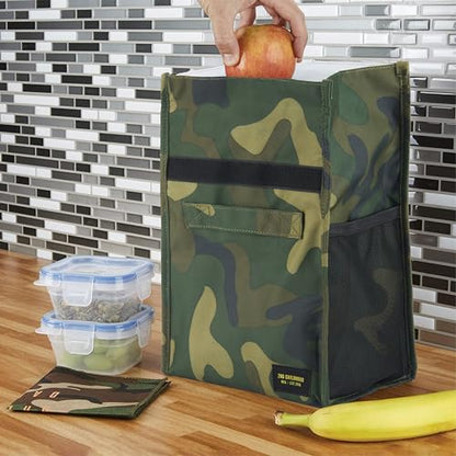2nd Childhood Insulated Lunch Bag for Men, Durable & Reusable, Camo | Slim lunch bag with carry handle, two mesh side pockets and a back slip pocket; insulated liner keeps food cool - color: Camo