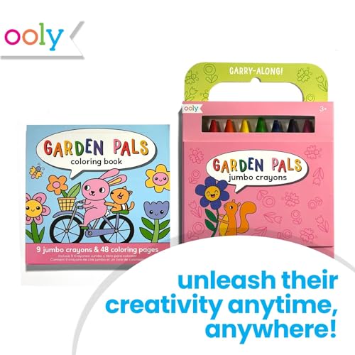 Ooly Kids Travel Activity Kit – 9 Jumbo Crayons & 48 Coloring Pages, Car Crafts for Kids, Mess-Free Road Trip Art Set, Airplane Activities – Garden Pals - color: Garden Pals