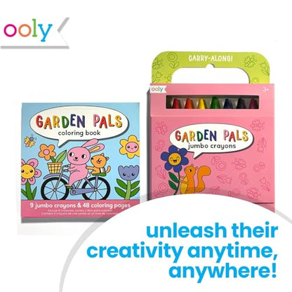 Ooly Kids Travel Activity Kit – 9 Jumbo Crayons & 48 Coloring Pages, Car Crafts for Kids, Mess-Free Road Trip Art Set, Airplane Activities – Garden Pals - color: Garden Pals