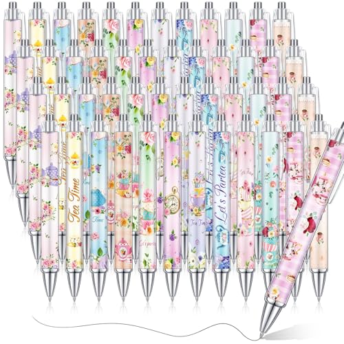 Cholemy 48 Pcs Floral Tea Party Favors Tea Party Ink Pens Vintage Teapot Pens Bulk Fancy Retractable Ballpoint Pens Cute Pens for Women Princess Birthday Wedding Gifts Office Classroom Supplies - style: Floral Tea