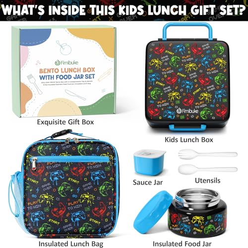 Fimibuke 60oz Kids Bento lunch Box with Insulated Lunch Bag & 8.5oz Thermo | Leakproof 3-4 Compartment Toddler Kids Lunch Box Food Container w/ Utensils, Sauce Cup for School Boys Girls, Dishwasher Safe - color: A1.Game Controllers