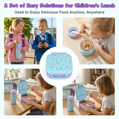 Bento Lunch Box for Kids with 7oz Soup Thermo,Insulated Stainless Steel Kids Water Bottle with Straw and Insulated Lunch Bag,Leak-Proof Lunch Food Container with Ice Pack for School(Purple-Mermaid) - color: Purple-Mermaid