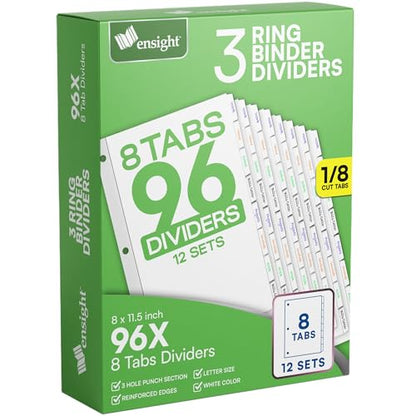 Ensight 3 Ring Page Dividers Bulk, 1/8 Cut Tab Dividers - 96 Per Box Divider Pages with Tabs, Decorative Printable Rewritable Divider Tabs, Exhibit Tab Dividers for 3 Ring Binders Bulk - size: 8 Tabs With 12 Sets