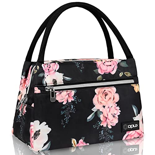 opux Lunch Bag for Women, Insulated Lunch Box Tote for Girls Work Adult School, Small Reusable Cooler Bag Lunch Container Food Tote for Travel Picnic, Fits 11 Cans, Floral Rose - color: Soft Rose