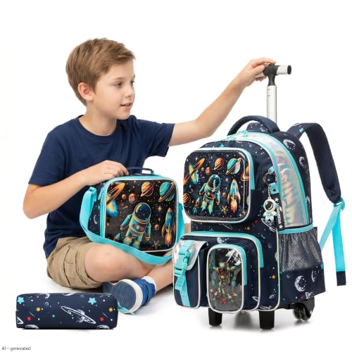 Meetbelify Kids Rolling Backpack with Wheels for Boys Rolling Backpacks with Lunch Box for Elementary School Students 3 in 1 Travel Luggage Suitcase for Boys Age 8-10 - color: Space 01