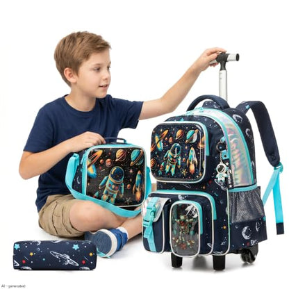 Meetbelify Kids Rolling Backpack with Wheels for Boys Rolling Backpacks with Lunch Box for Elementary School Students 3 in 1 Travel Luggage Suitcase for Boys Age 8-10 - color: Space 01