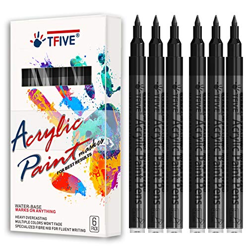 TFIVE Black Marker Paint Pens - 6 Pack Acrylic Permanent Marker, 0.7mm Extra Fine Tip Waterproof Black Paint Markers for Art Project, Rock, Ceramic, Glass, Wood, Plastic, Metal, Canvas, DIY Craft - color: Black