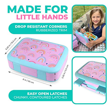 kinsho Kids Bento Lunch Box, Reusable Meal and Snack Container, Lunch Boxes for Small Girls & Toddlers Lunches, 4 Compartment - School, Daycare, Drop-Proof BPA Free, Purple Rainbow - color: Rainbow Bento