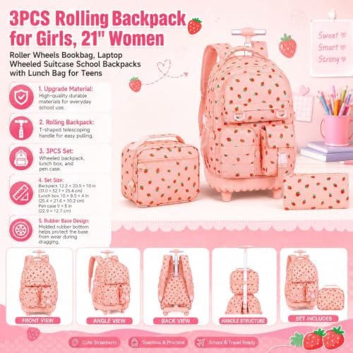 CCJPX Rolling Backpack for Girls, 3Pcs Roller Wheeled School Bookbag, Strawberryra Wheels Backpacks with Lunch Box for Kids (Pink) - color: Strawberry Pink