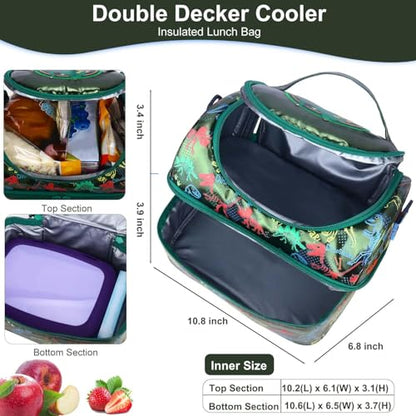 RHCPFOVR Kids Lunch Bag - Double Decker Cooler Insulated Lunch Box for Boys Girls,Washable Lunch Bag and Reusable Toddler Lunchbox for School and Daycare - color: Dinosaur
