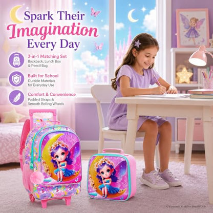 gxtvo Girls Rolling Backpack, Cute Moon Fairy Roller Wheels Kids Bookbag - Wheeled Elementary School Bag - 3PCS Moon Fairy - color: Moon Fairy With Purple Hair Rolling Backpack