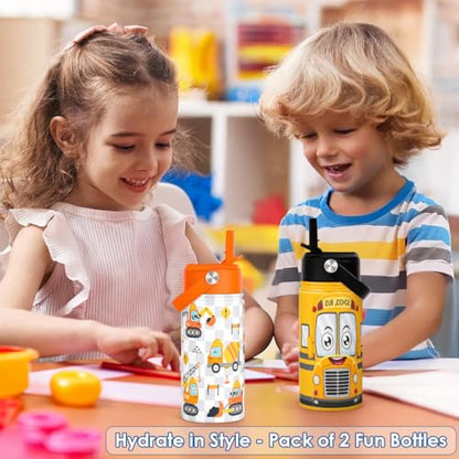 Kid Water Bottle 12oz with Straw Lid - 2-Pack Insulated Stainless Steel Water Bottles for Kids Boys- Travel Cup for Back to School Sports Christmas Birthday (Construction & School Bus) - color: Construction + School Bus