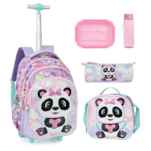 Cartoon Rolling Backpack for Boys Girls, Kids 5 Pcs Wheeled Backpack, Travel Backpack for Elementary Students (Panda Purple) - color: Panda Purple