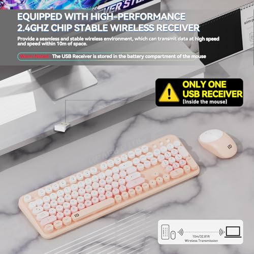 Wireless Keyboard and Mouse Combo, 2.4GHz Colorful Cute Round Keycaps Keyboard for Office Computer PC Desktops Laptop (104 Keys Pink White) - color: 104 Keys Pink White