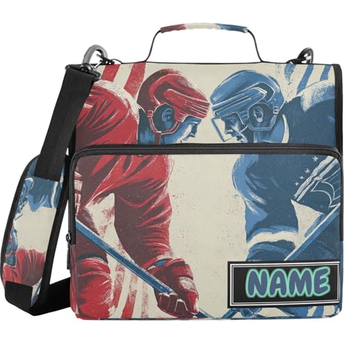 Custom Name Zipper Binder 3 Ring with Shoulder Strap Two Red Blue Hockey Players 1.5 Inch Binder Holds 500 Sheets Personalized Multi-Pocket Organizer Zipper Binders Organizer for School Students Offic - color: Multicolored.24
