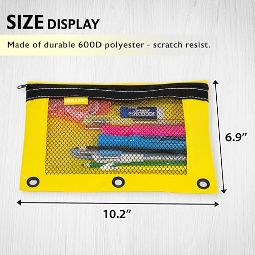 BAZIC PRODUCTS Bright Color 3-Ring Pencil Pouch with Mesh Window, 6-Set | clear mesh window and a zipper closure for pens, pencils, supplies - size: 6 Count (Pack of 1)