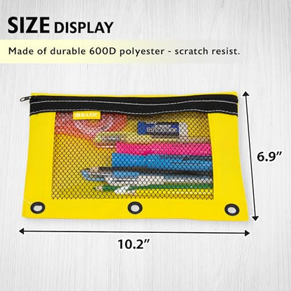 BAZIC PRODUCTS Bright Color 3-Ring Pencil Pouch with Mesh Window, 6-Set | clear mesh window and a zipper closure for pens, pencils, supplies - size: 6 Count (Pack of 1)