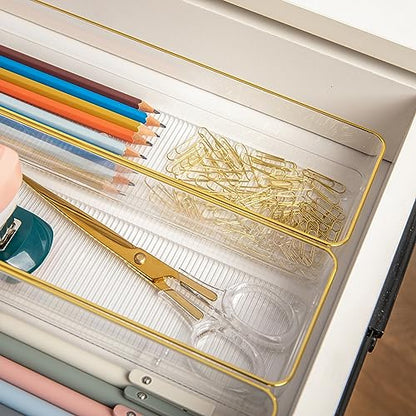 Martha Stewart Kerry Plastic Stackable Office Desk Drawer Organizers, 9" x 3", 8 Pack, with Gold Trim - size: 9" x 3"