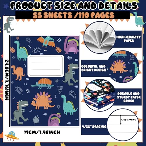 Affrolling 3 Pack Composition Notebooks Wide Ruled for Kids Boys Dinosaur Space Cute Composition Notebook 200 Page 7-1/2" x 9-3/4" Blue Journal Back to School Gift for Teen Student First Day of School