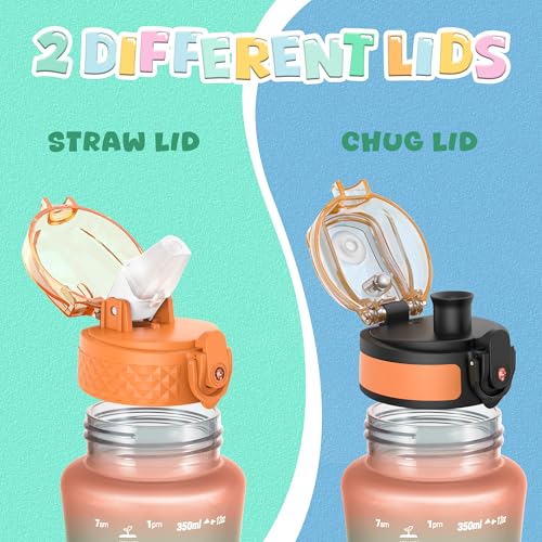 OLDLEY Kids Water Bottle for School, 12 oz (2 lids) BPA-Free Reusable Leak-proof Durable Tritan Plastic Water Bottles with Straw & Chug Lids, Anti-dust Spout Cover (Sunflower) - color: Sunflower, size: 12 Ounces