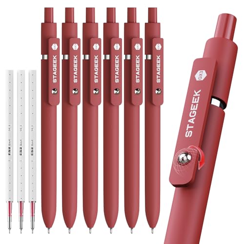 STAGEEK Red Gel Pens GX3, 6Pcs Quick Dry Red Ink Pens with 3 Extra Refills, Fine Point Retractable Smooth Writing Pens for Journaling, Note Taking, School Supplies, Nurse Aesthetic, Office(Red) - color: 6Pcs Red