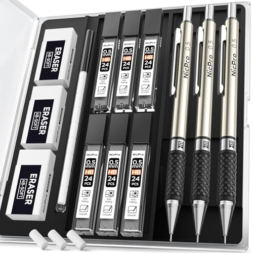 Nicpro 0.5 mm Art Mechanical Pencil Set in Storage Case, 3 PCS Metal Drafting Pencil Lead Pencil with 6 Tube HB Refills, 3 Erasers, 9 PCS Eraser Refills for Artist Writing, Drawing, Sketching - style: 3 Pack (0.5mm)