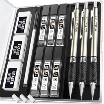 Nicpro 0.5 mm Art Mechanical Pencil Set in Storage Case, 3 PCS Metal Drafting Pencil Lead Pencil with 6 Tube HB Refills, 3 Erasers, 9 PCS Eraser Refills for Artist Writing, Drawing, Sketching - style: 3 Pack (0.5mm)