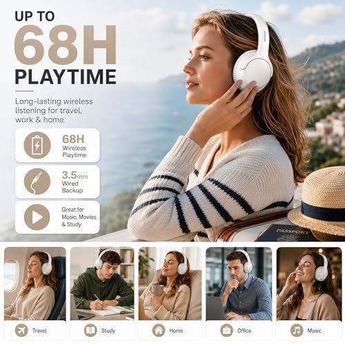 MIDOLA Bluetooth Headphones Over Ear, 68H Playtime Wireless Headphones with Microphone, 6 EQ Modes, HiFi Stereo Deep Bass, Foldable Lightweight Headset for Home Office, Cellphone, PC, White - color: White