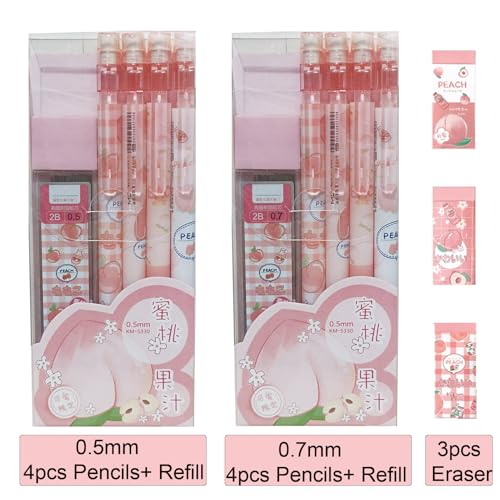 Cute Peach Mechanical Pencil Set Includes 0.5mm and 0.7mm Pencils with Lead Refills and Erasers, Pink Kawaii Mechanical Pencil for Women Girl Men Boy Office School Supplies (Peach) - color: Peach