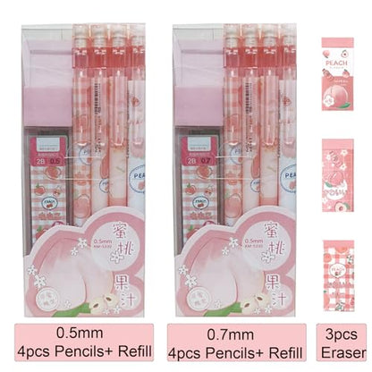 Cute Peach Mechanical Pencil Set Includes 0.5mm and 0.7mm Pencils with Lead Refills and Erasers, Pink Kawaii Mechanical Pencil for Women Girl Men Boy Office School Supplies (Peach) - color: Peach