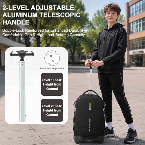NEW TILAMI 18 Inch Expandable Rolling Backpack with 6-Wheel Stair Climbing, Waterproof Wheeled School Bag with 15.6" Laptop Sleeve for Boys Girls, Carry-on Luggage 98cm Dual-Height Handle - Black - color: Black