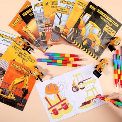 BenLouis 24 Construction Mini Coloring Books Kids with 24 Stacking Crayons Excavator Theme Party Favors Activity Books Bulk for Kids Construction Birthday Goodie Bag Gift Stuffer Classroom Reward - style: Construction