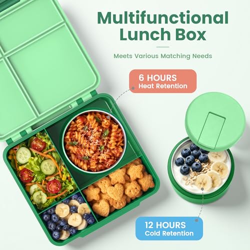 LOHASOK Bento Lunch Box Kids with 8oz Soup Thermo, Leak-Proof Lunch Containers with 4 Compartment, Thermo Hot Food Jar and Insulated Lunch Box for School Green - color: Green