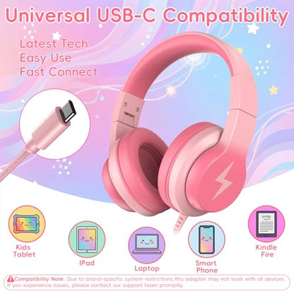 Candy Bila USB C Kids Headphones for School, 85dB Volume Limited, Wired Over-Ear Headphones for Kids, Adjustable Headband, Foldable Design for Travel, iPad, Tablet, Chromebook, Gradient Light Pink - color: Gradient Light Pink