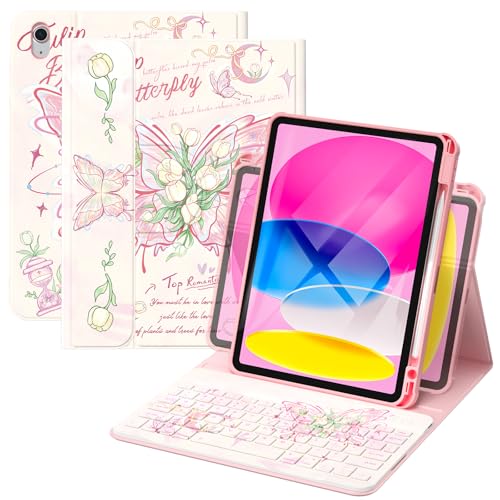 YBING Keyboard Case for iPad 10th Gen 10.9 inch(2022) & 11th Gen(A16, 2025), Painted Patterns Detachable Keypad & Rotatable Magnetic Case with Pencil Holder (Butterfly Pink) - color: Butterfly Pink