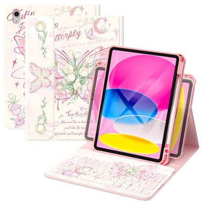YBING Keyboard Case for iPad 10th Gen 10.9 inch(2022) & 11th Gen(A16, 2025), Painted Patterns Detachable Keypad & Rotatable Magnetic Case with Pencil Holder (Butterfly Pink) - color: Butterfly Pink