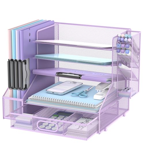 5-Tier Desk Organizer with File Holder & Pen Holder & Drawer, Purple | Mesh Metal Paper Letter Tray for Papers, Mail, Office Supplies, and Desk Accessories - color: Purple