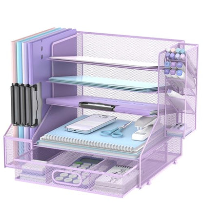 5-Tier Desk Organizer with File Holder & Pen Holder & Drawer, Purple | Mesh Metal Paper Letter Tray for Papers, Mail, Office Supplies, and Desk Accessories - color: Purple